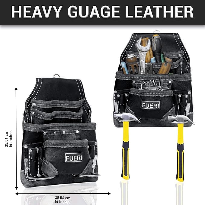 FUERI Leather Tool Belt Suspenders for Carpenters Construction Electricians Framers Bags Pouches Holder Organizer Set (16 Pocket Black Tool Belt Set, Adjustable)