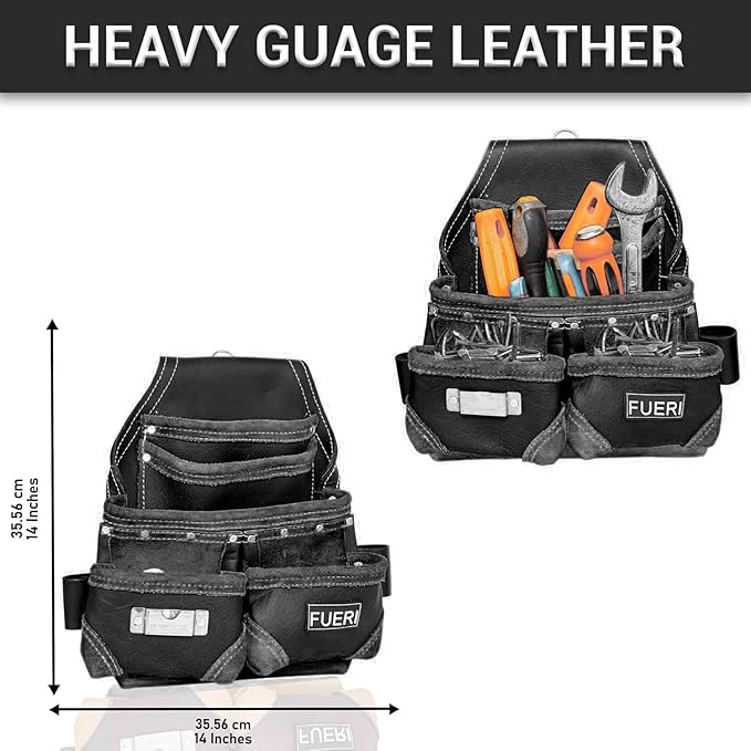 FUERI Leather Tool Belt Suspenders for Carpenters Construction Electricians Framers Bags Pouches Holder Organizer Set (16 Pocket Black Tool Belt Set, Adjustable)