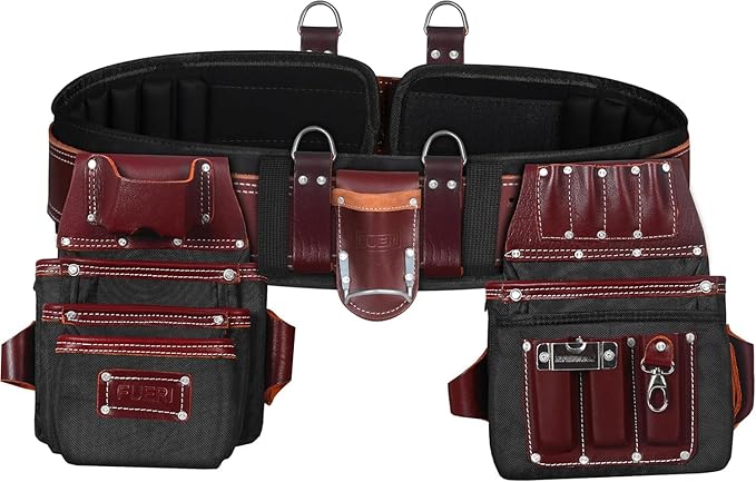 FUERI Tool Belt With Suspender Men Carpenter Pouches Construction Bags Electrician Belts Framer Worker Pouch Bag Holder Organizer 26 Pocket Nylon Leather Maroon Professional Set - Medium