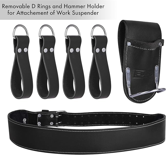 19 Pocket Black Leather Tool Belt With Padded Shoulder Suspender