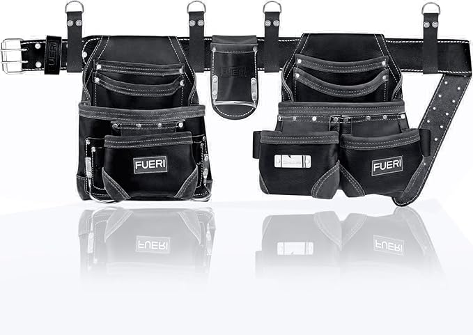 FUERI Leather Tool Belt Suspenders for Carpenters Construction Electricians Framers Bags Pouches Holder Organizer Set (16 Pocket Black Tool Belt Set, Adjustable)