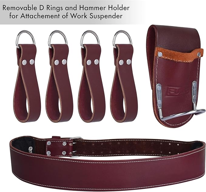19 Pocket Maroon Leather Tool Belt With Padded Shoulder Suspender Bundle