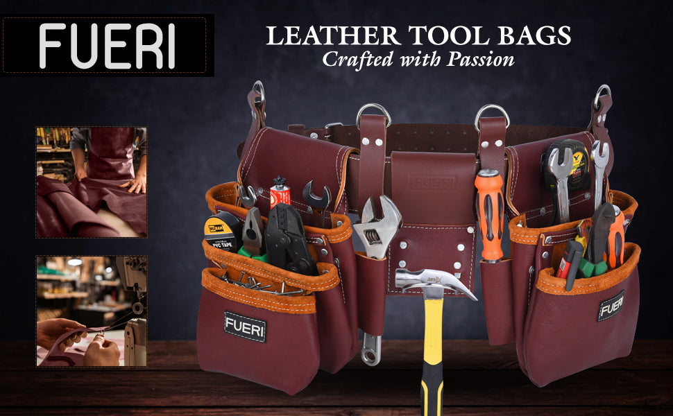 FUERI Framers Combo Tool Belt : Heavy Duty Leather Rig with 17 Pockets (Maroon)