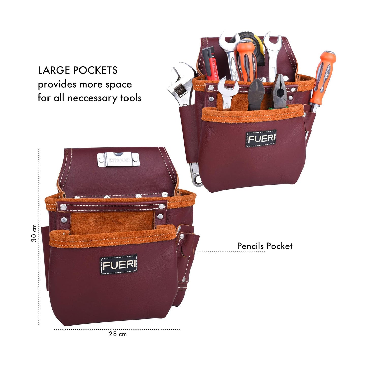 FUERI Framers Combo Tool Belt : Heavy Duty Leather Rig with 17 Pockets (Maroon)