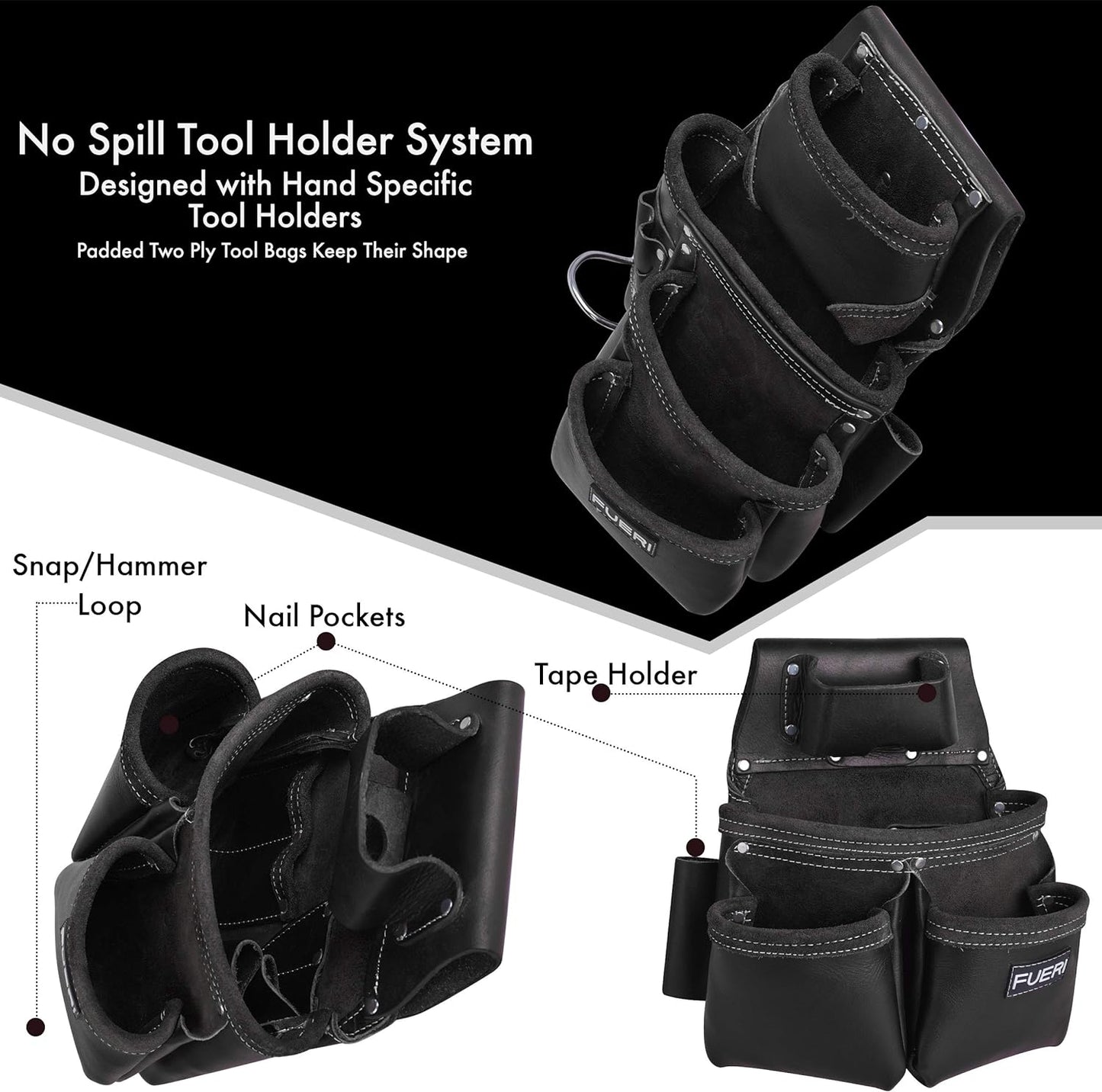 19 Pocket Black Leather Tool Belt With Suspender