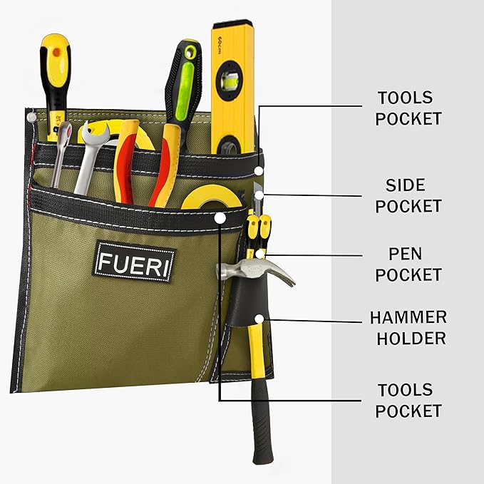 FUERI Tool Belt Bag Pouch 10 Pocket Men Nylon Tools Belts Pouches for Construction Carpenter Electrician Framing Welding Ironwork Adjustable Single Side - Black