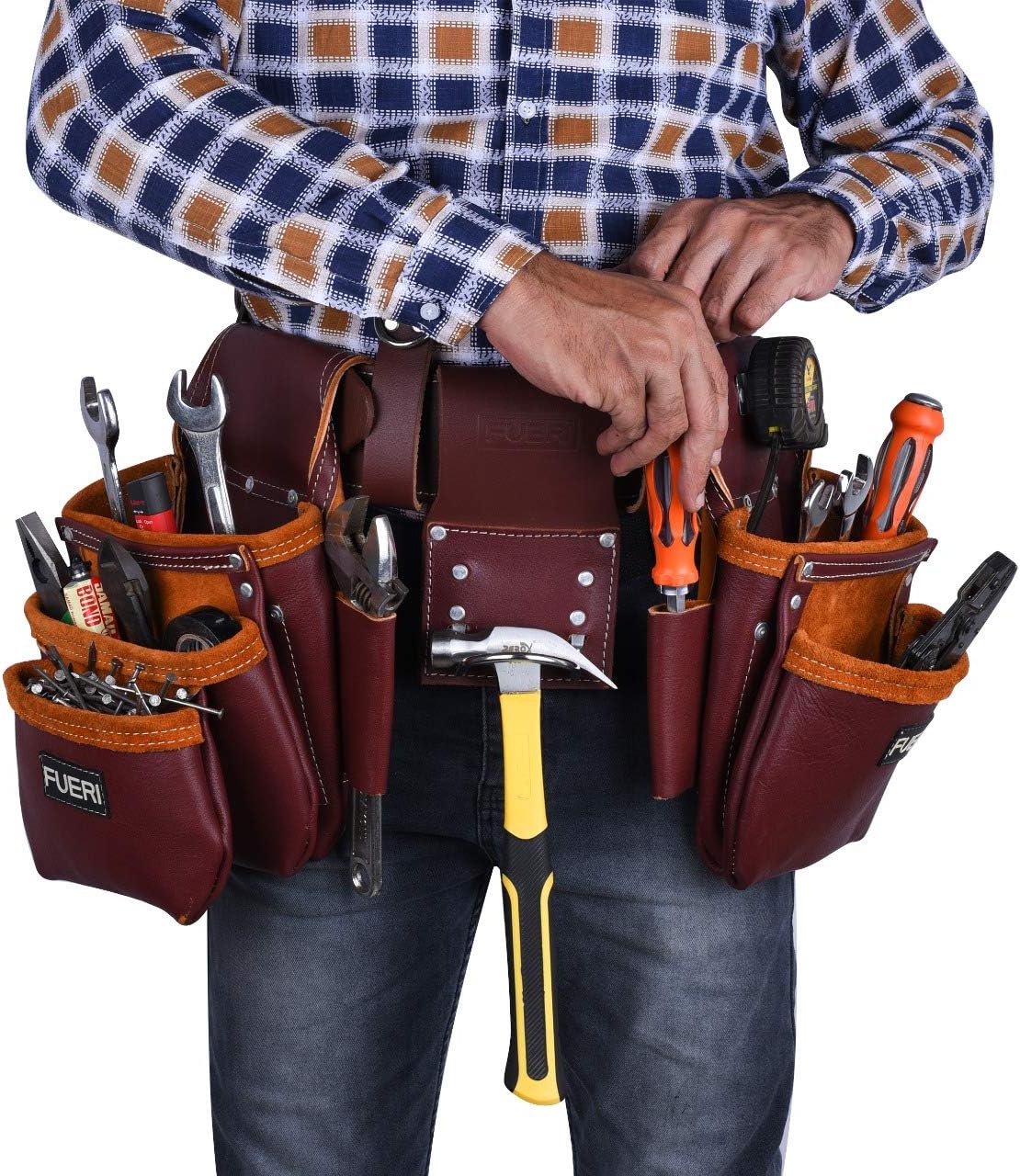 17 Pocket Maroon Leather Tool Belt with Suspender