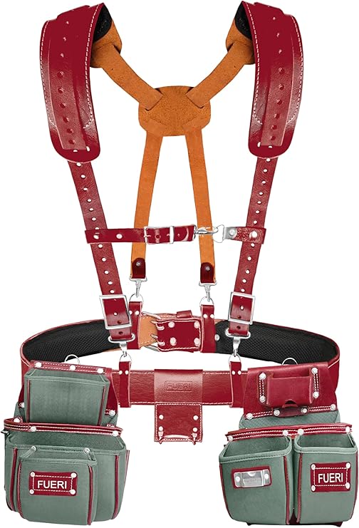 FUERI 19 Pocket Green/Maroon Nylon Tool Bag With Padded Shoulder Suspender