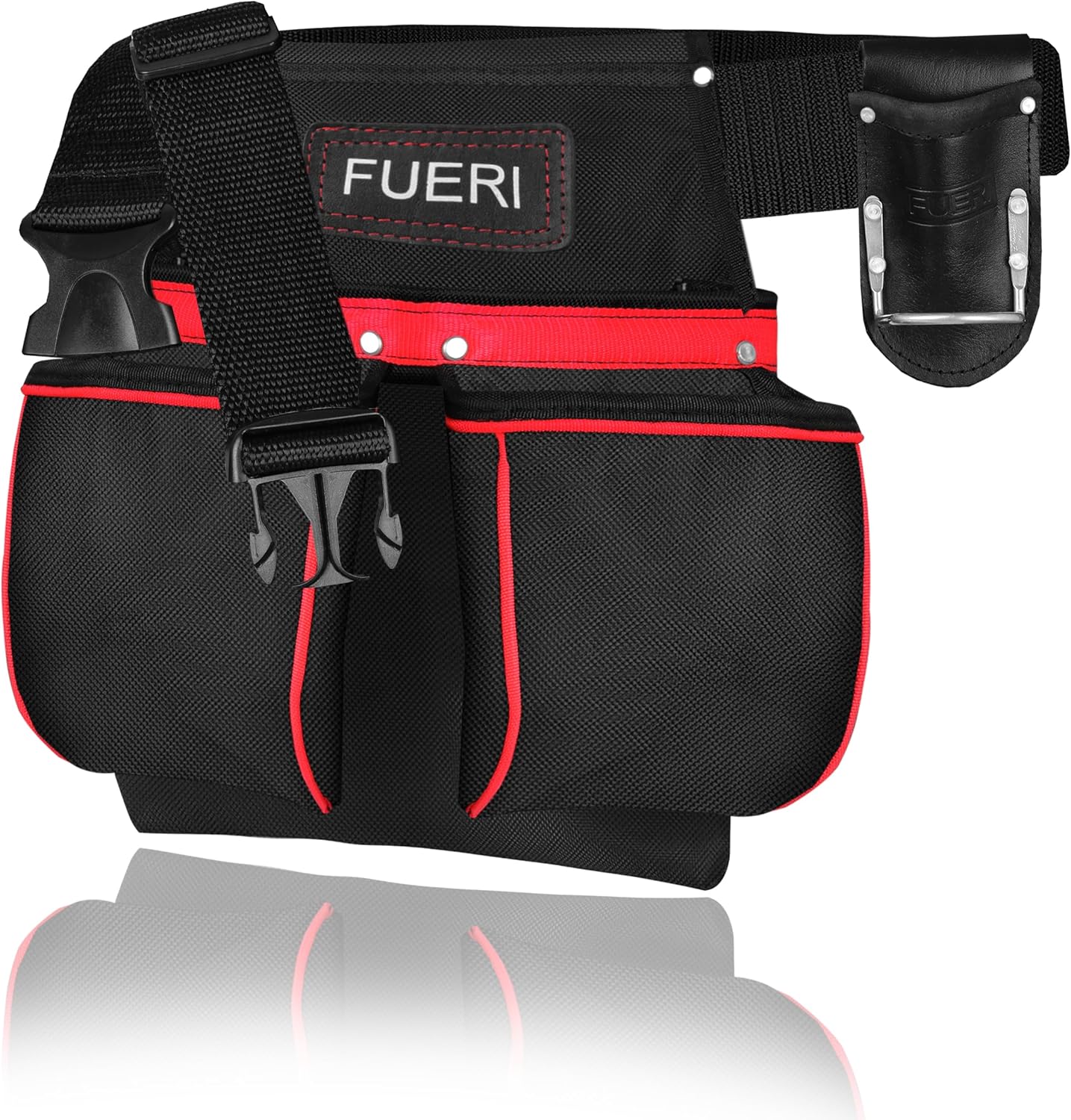 FUERI Cordura 11 Pocket Single Side Tool Belt for Carpenters Heavy Duty Adjustable Tool Pouch Bag for Framers with Non-Padded Detachable Work Belt and a Free Hammer Holder.