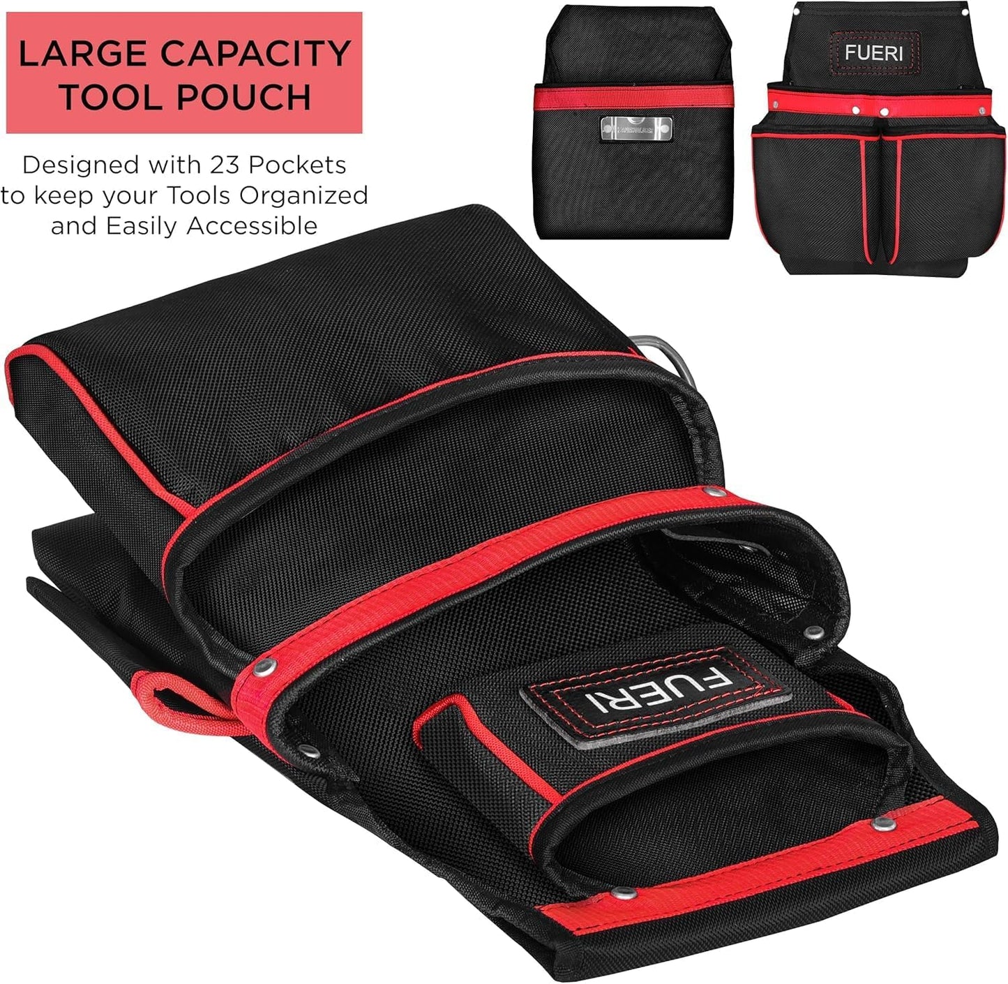 FUERI Nylon 23 Pocket Tool Belt Bags for Men, Heavy Duty Tool Pouches Set with Belt for Carpenters, Framers, Electricians & HVAC professionals.