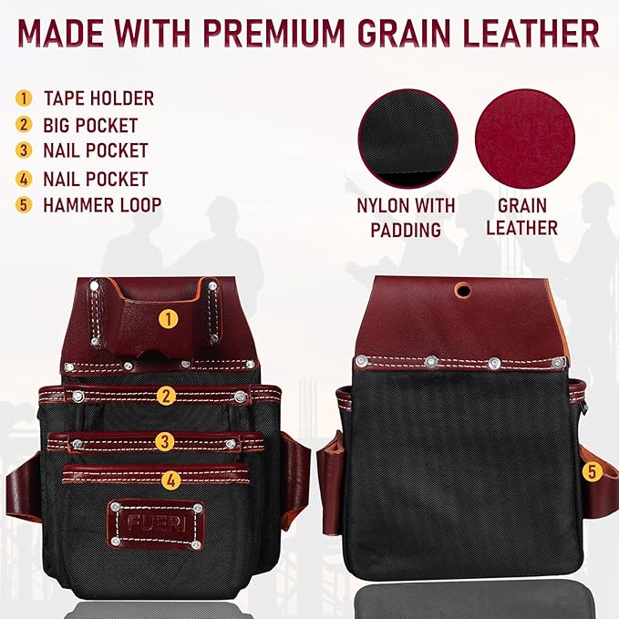 FUERI Professional Tool Belt With Bags Pouches for Men Nylon Leather Belts Carpenter Construction Electrician Framer Worker