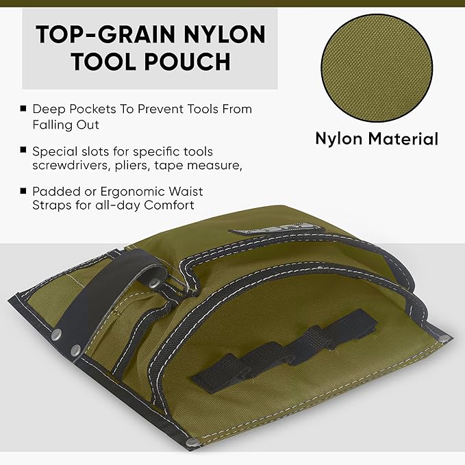 FUERI Tool Belt Bag Pouch 10 Pocket Men Nylon Tools Belts Pouches for Construction Carpenter Electrician Framing Welding Ironwork Adjustable Single Side - Black