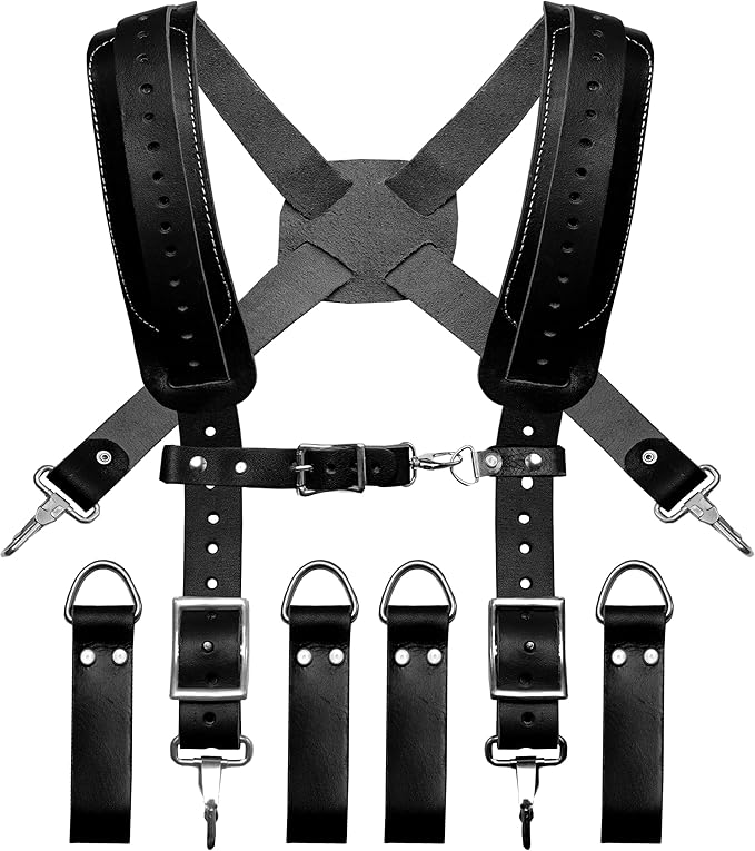 FUERI Leather Tool Belt Suspeders for Men Heavy Duty Construction Carpenter Electrician Pouch Bag Belts Harness