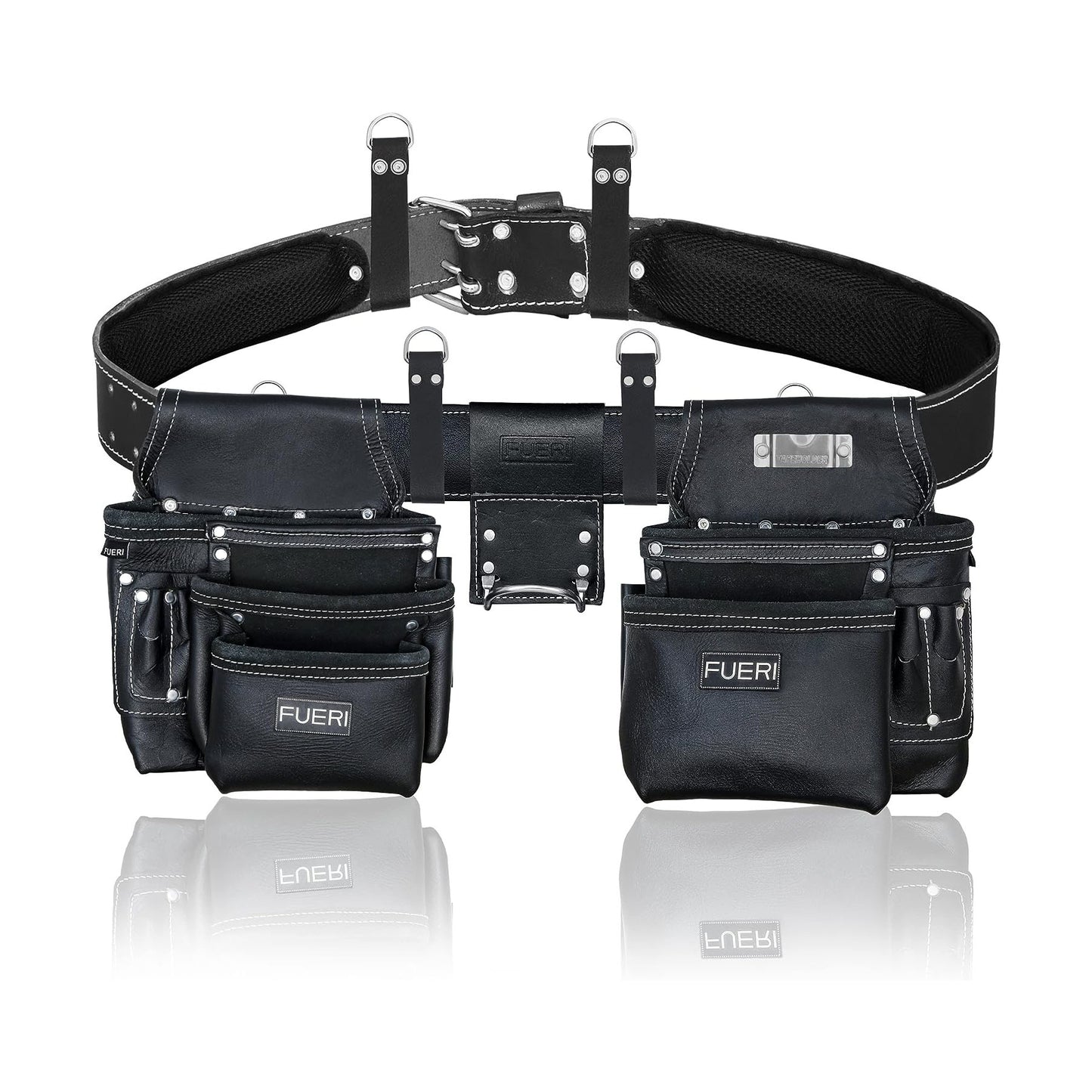 FUERI Framers Combo Tool Belt : Heavy Duty Leather Rig with 17 Pockets (Maroon)