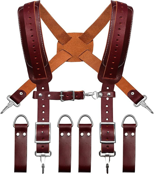 FUERI Leather Tool Belt Suspeders for Men Heavy Duty Construction Carpenter Electrician Pouch Bag Belts Harness