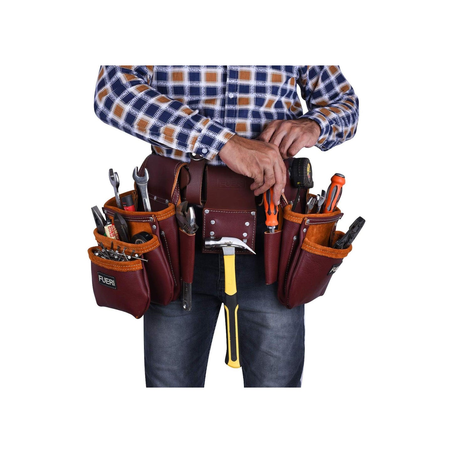 FUERI Framers Combo Tool Belt : Heavy Duty Leather Rig with 17 Pockets (Maroon)
