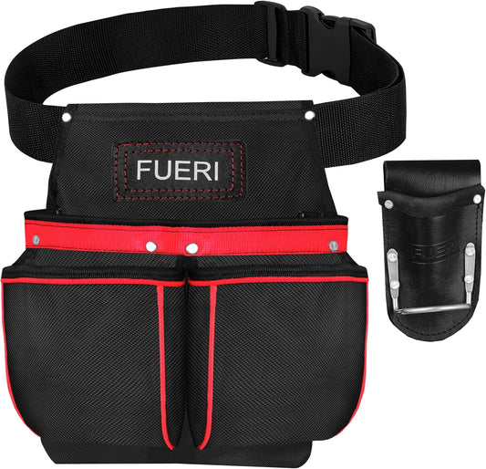 FUERI Cordura 11 Pocket Single Side Tool Belt for Carpenters Heavy Duty Adjustable Tool Pouch Bag for Framers with Non-Padded Detachable Work Belt and a Free Hammer Holder.