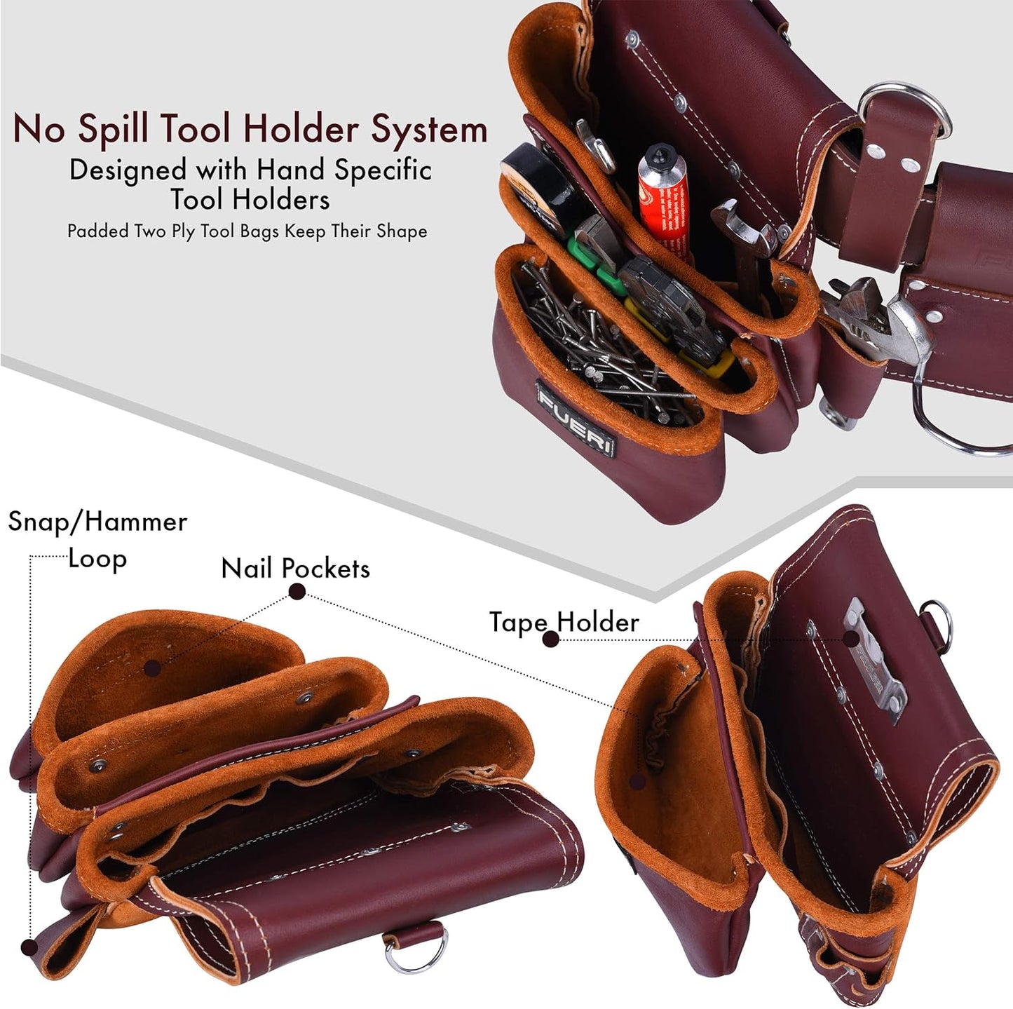 17 Pocket Maroon Leather Tool Belt with Padded Shoulder Suspender