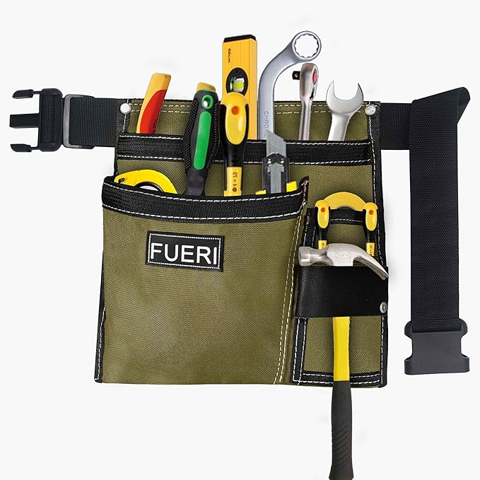 FUERI Tool Belt Bag Pouch 10 Pocket Men Nylon Tools Belts Pouches for Construction Carpenter Electrician Framing Welding Ironwork Adjustable Single Side - Black