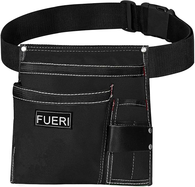 FUERI Tool Belt Bag Pouch 10 Pocket Men Nylon Tools Belts Pouches for Construction Carpenter Electrician Framing Welding Ironwork Adjustable Single Side - Black