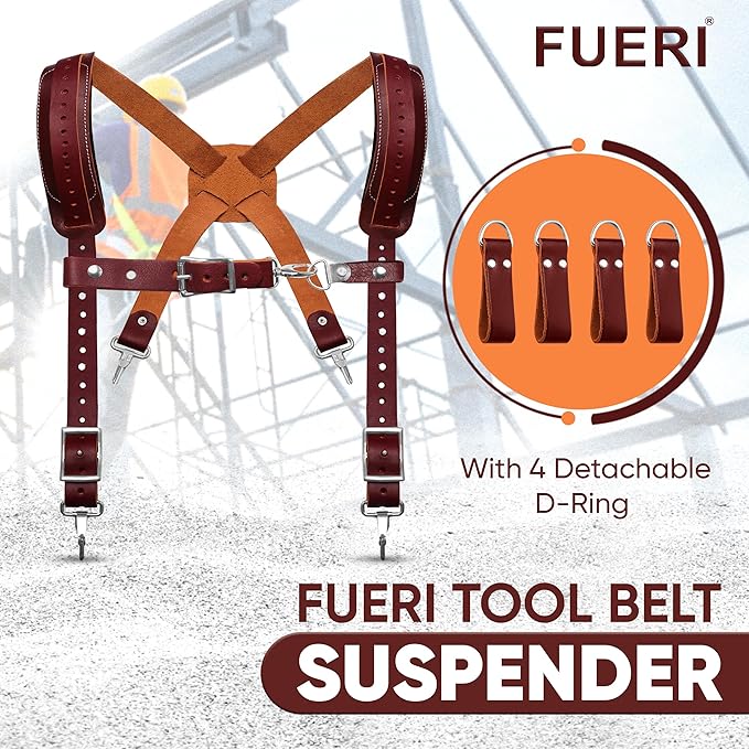 FUERI professional leather utility tool belt for electricians and plumbers, with 4 detachable D-ring