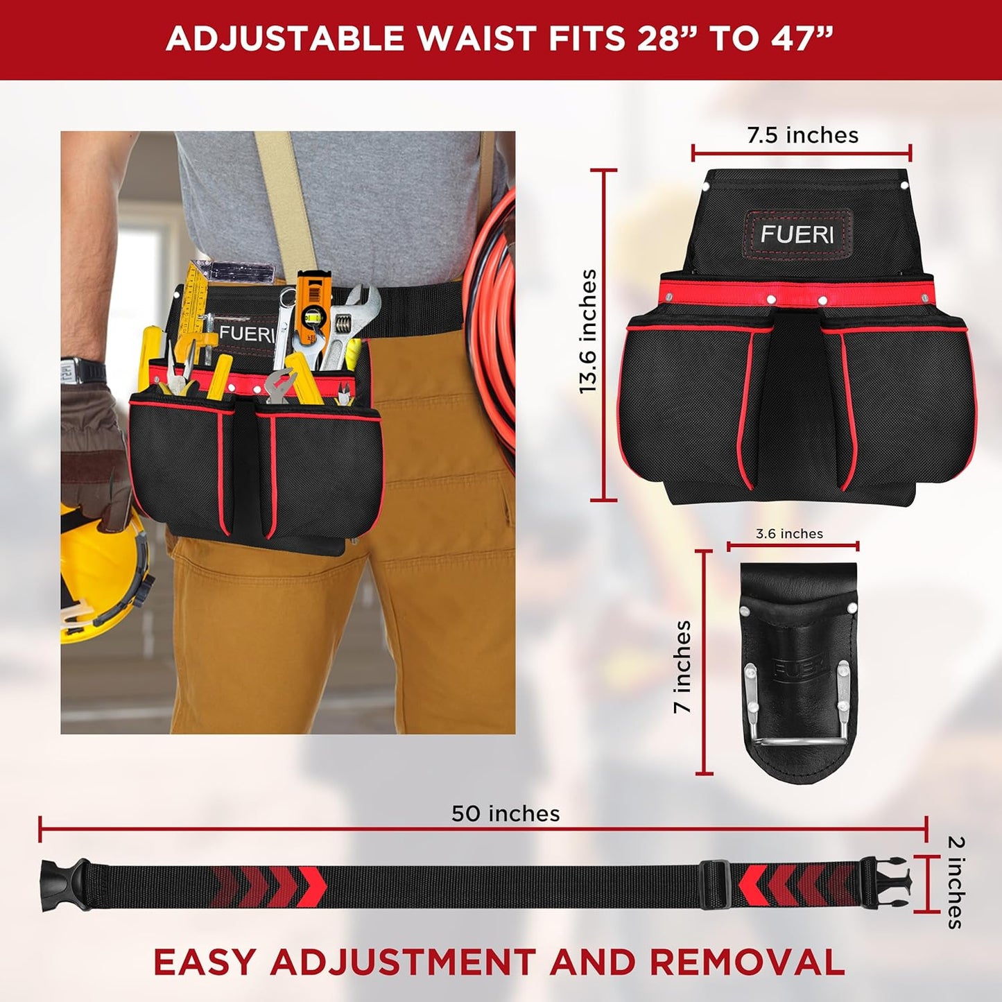 FUERI Cordura 11 Pocket Single Side Tool Belt for Carpenters Heavy Duty Adjustable Tool Pouch Bag for Framers with Non-Padded Detachable Work Belt and a Free Hammer Holder.