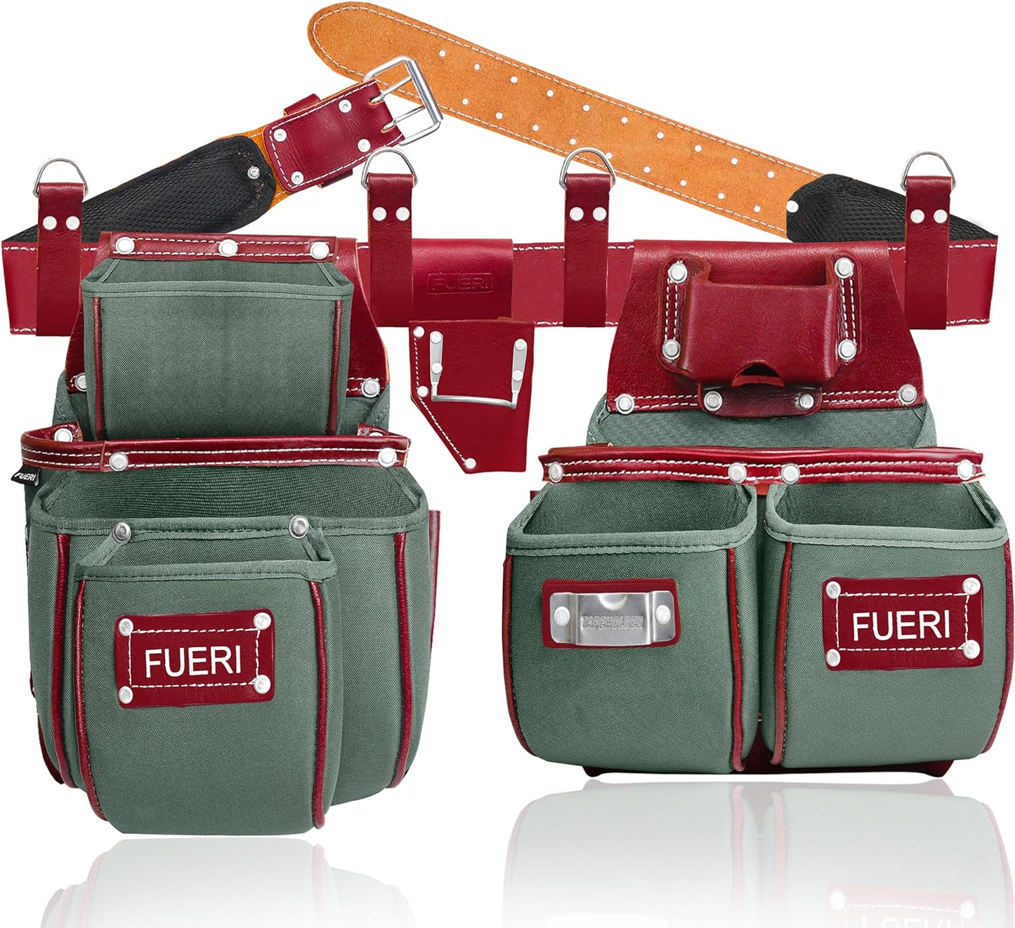 FUERI Nylon & Leather Tool Belt | Heavy Duty 19 Pockets with Foam Padded Belt & Suspenders Loops for Carpenters, Framers, Electricians