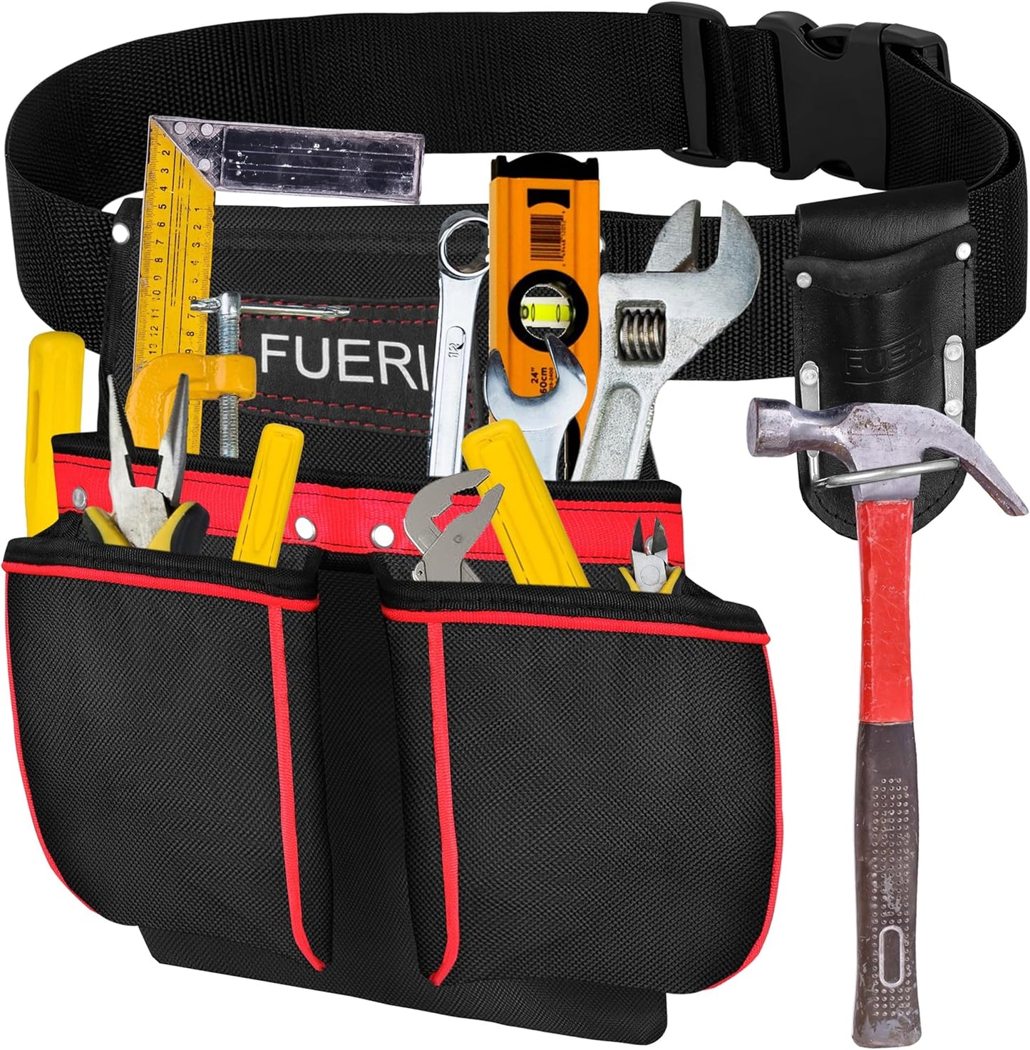 FUERI Cordura 11 Pocket Single Side Tool Belt for Carpenters Heavy Duty Adjustable Tool Pouch Bag for Framers with Non-Padded Detachable Work Belt and a Free Hammer Holder.