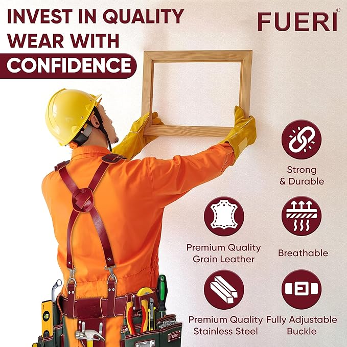 FUERI Leather Tool Belt Suspeders for Men Heavy Duty Construction Carpenter Electrician Pouch Bag Belts Harness