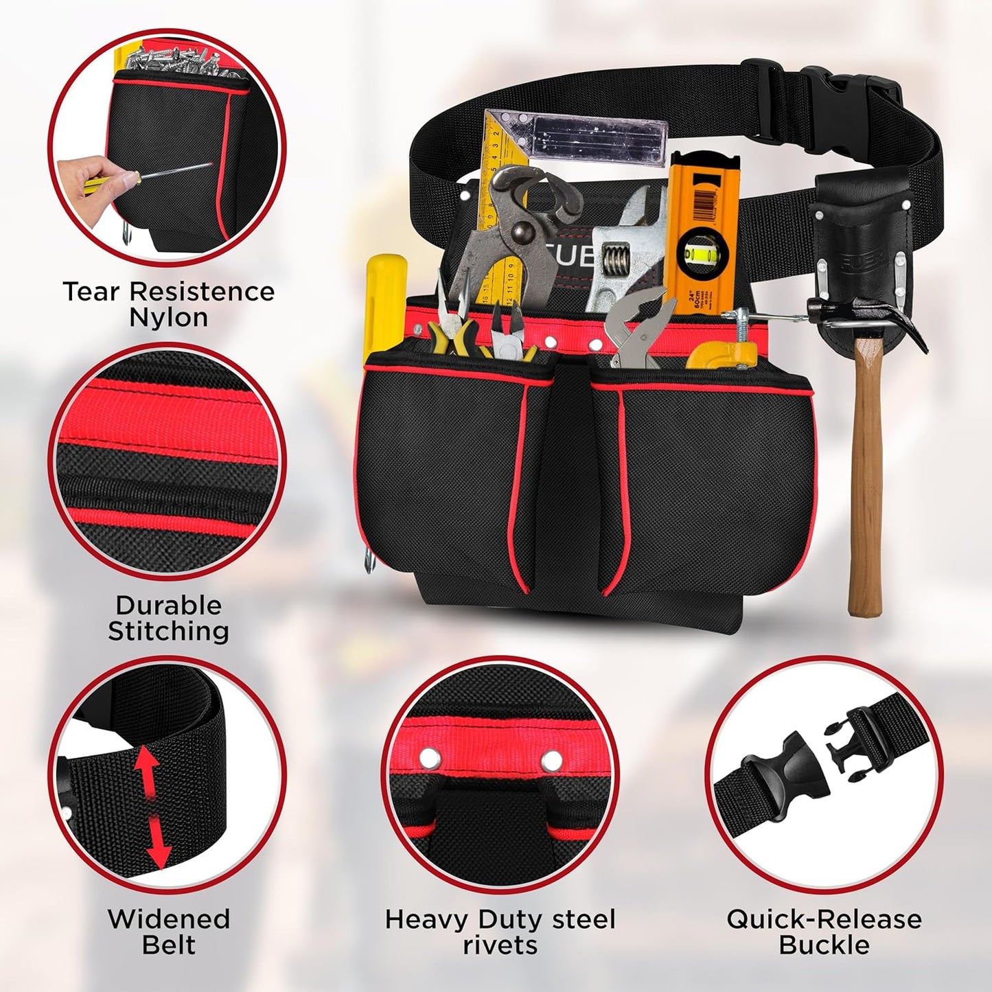 FUERI Cordura 11 Pocket Single Side Tool Belt for Carpenters Heavy Duty Adjustable Tool Pouch Bag for Framers with Non-Padded Detachable Work Belt and a Free Hammer Holder.