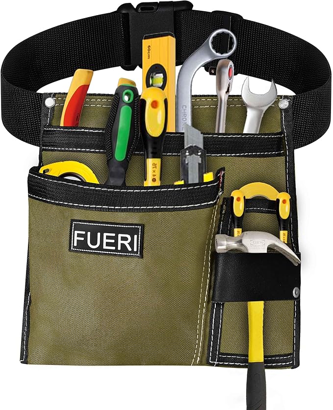 FUERI Tool Belt Bag Pouch 10 Pocket Men Nylon Tools Belts Pouches for Construction Carpenter Electrician Framing Welding Ironwork Adjustable Single Side - Black