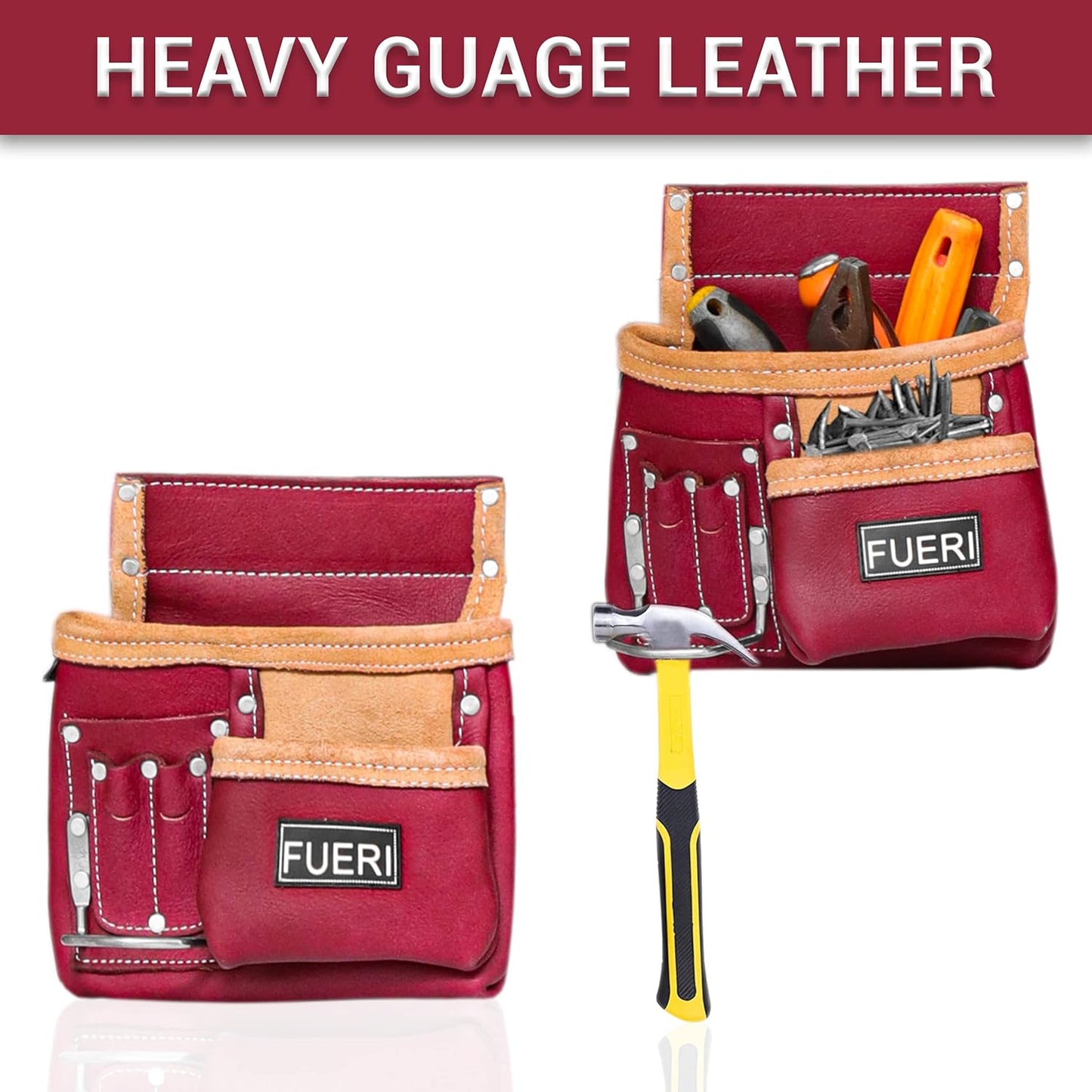 FUERI Leather Tool Belt Suspenders for Carpenters Construction Electricians Framers Bags Pouches Holder Organizer Set (11 Pocket Maroon Set, Adjustable)