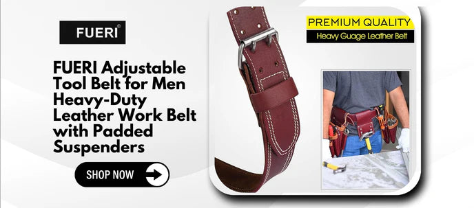 FUERI Adjustable Tool Belt for Men – Heavy-Duty Leather Work Belt with Padded Suspenders
