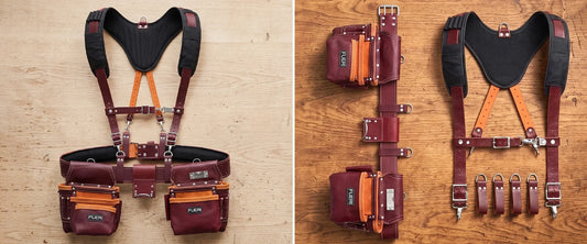 Leather tool belt with padded suspenders shown fully assembled alongside separated components and tool pouches for comparison.