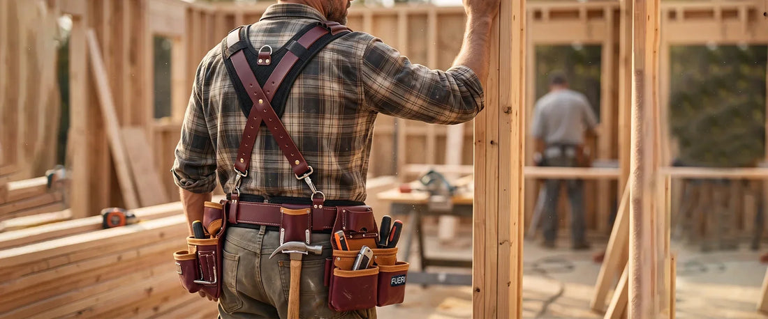 Carpenter wearing a leather tool belt with padded suspenders while working on a wood framing construction site.