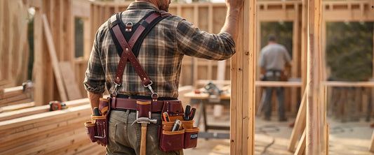 Carpenter wearing a leather tool belt with padded suspenders while working on a wood framing construction site.