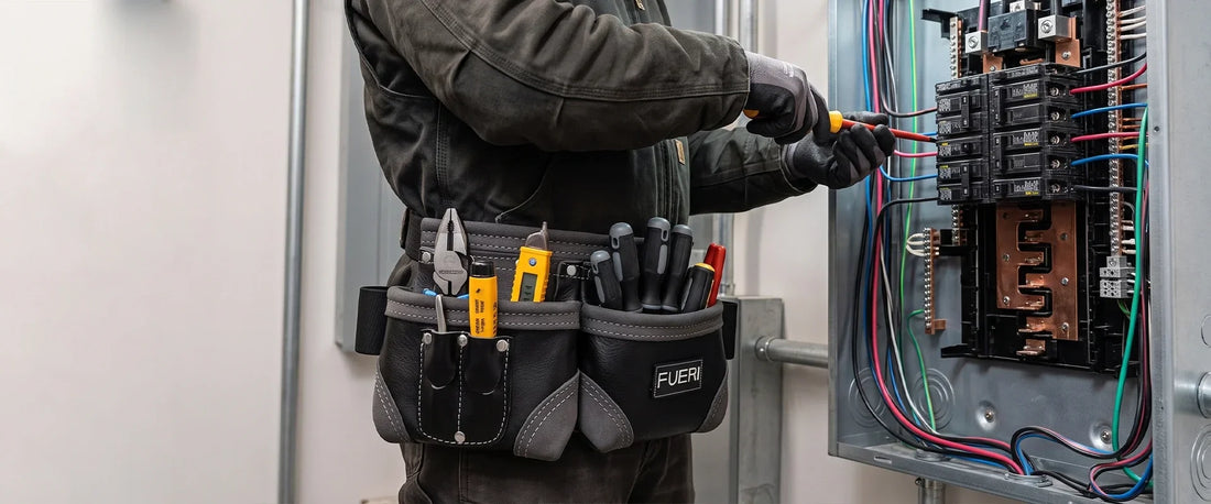 Electrician wearing a FUERI tool belt while working on an electrical panel.