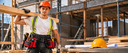 Contractor wearing a tool belt at a construction site while carrying a wooden beam.