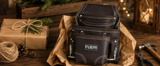 Leather tool pouch displayed as a gift for tradespeople alongside wrapped presents and hand tools.
