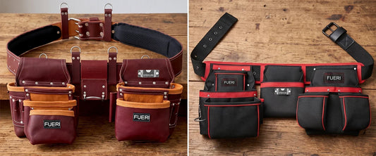 Leather and nylon tool belts displayed s.ide by side for comparison