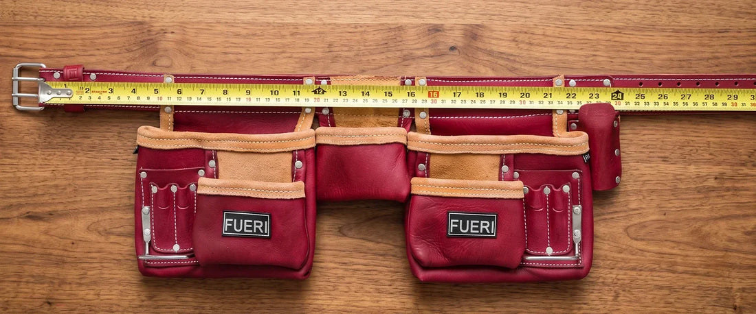 Leather tool belt with measuring tape showing how to measure waist size for the right tool belt fit.