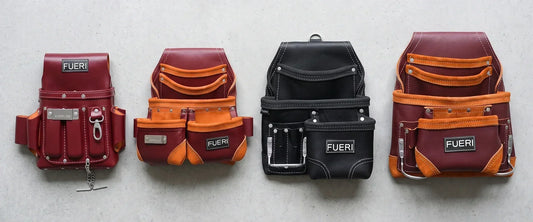 Four leather tool pouches with different pocket counts displayed side by side for comparison.