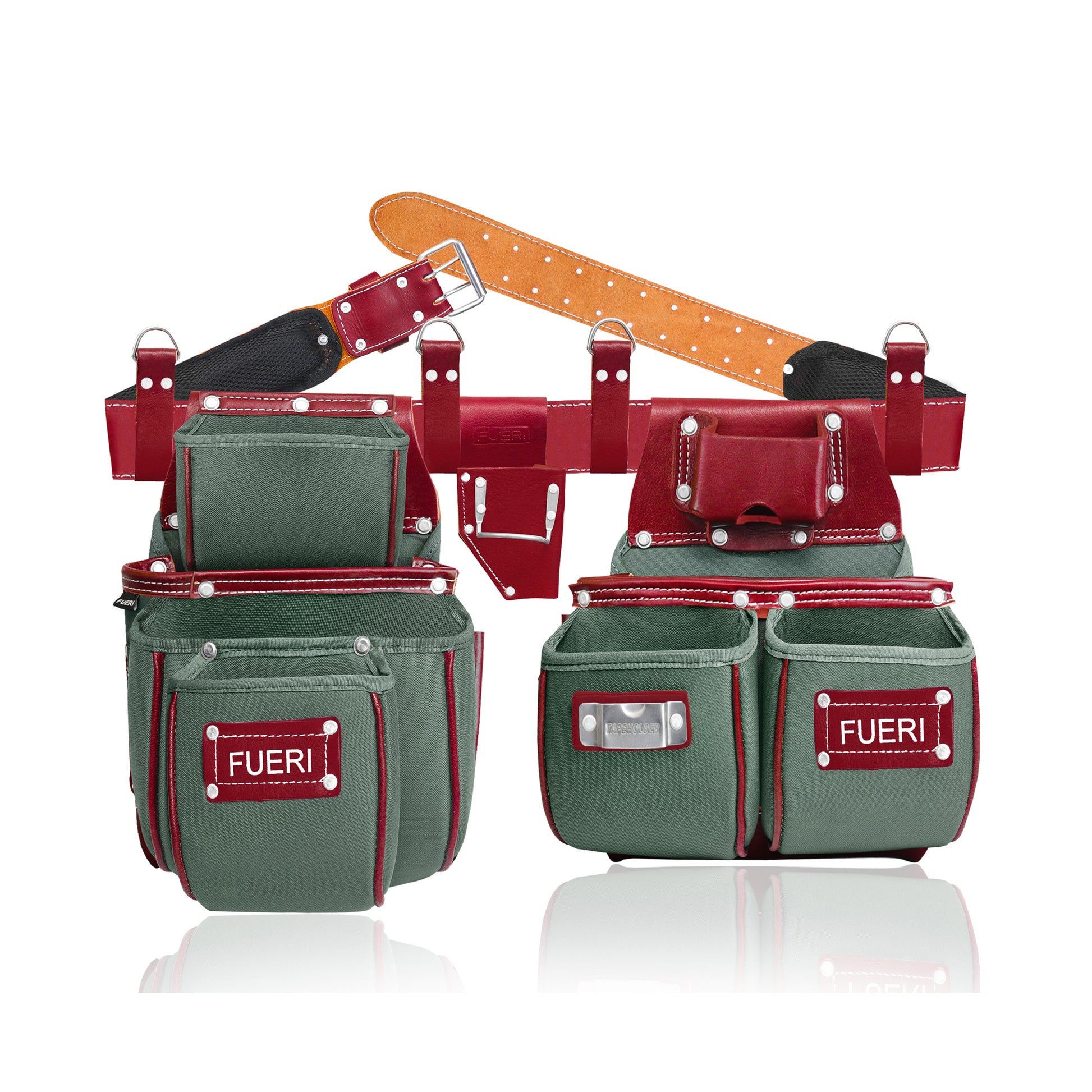 FUERI 19-pocket leather nylon tool belt green and maroon color variant side angle view