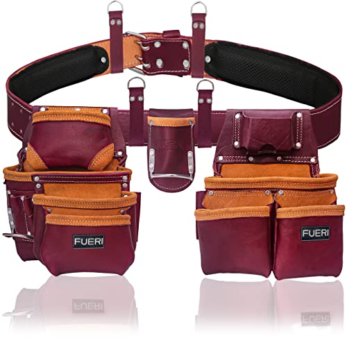 FUERI Heavy-Duty 19-Pocket Maroon Leather Tool Belt offers premium leather durability with 19 pockets for organized, comfortable tool storage for professionals.