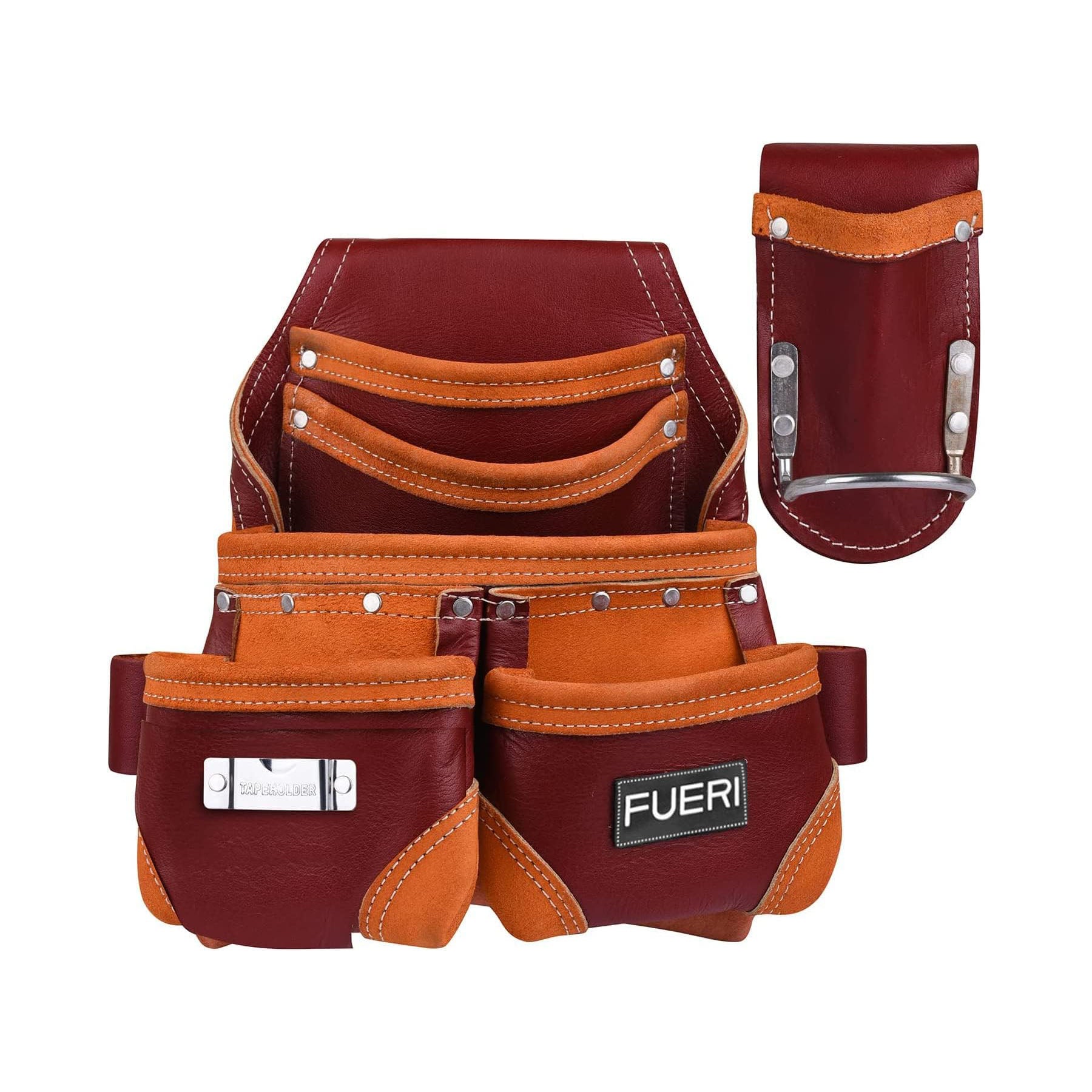 Maroon top grain leather professional tool pouch with pockets for nails and hand tools