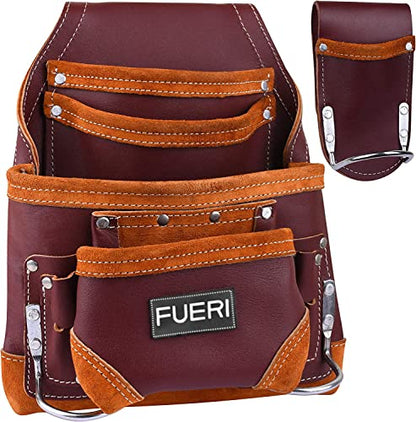 A maroon FUERI Professional 10-Pocket Carpenter Tool Pouch with multiple pockets and a leather hammer holder.
