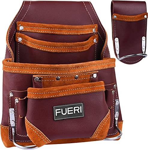 A maroon FUERI Professional 10-Pocket Carpenter Tool Pouch with multiple pockets and a leather hammer holder.