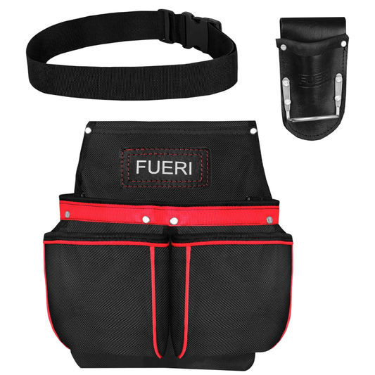 11 Pocket Black and Red Nylon Tool Pouch with Adjustable Belt