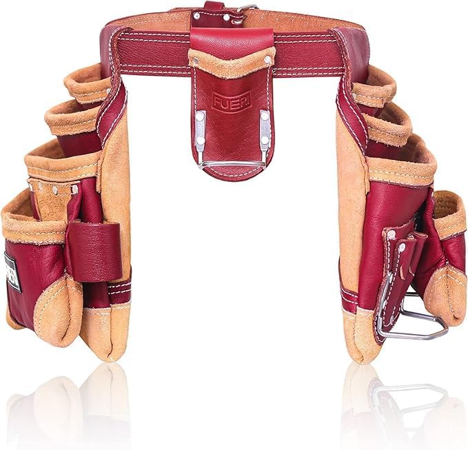 16 Pocket Pro Framing Leather Tool Belt with Suspenders for Carpenters, Framers & Construction Pros