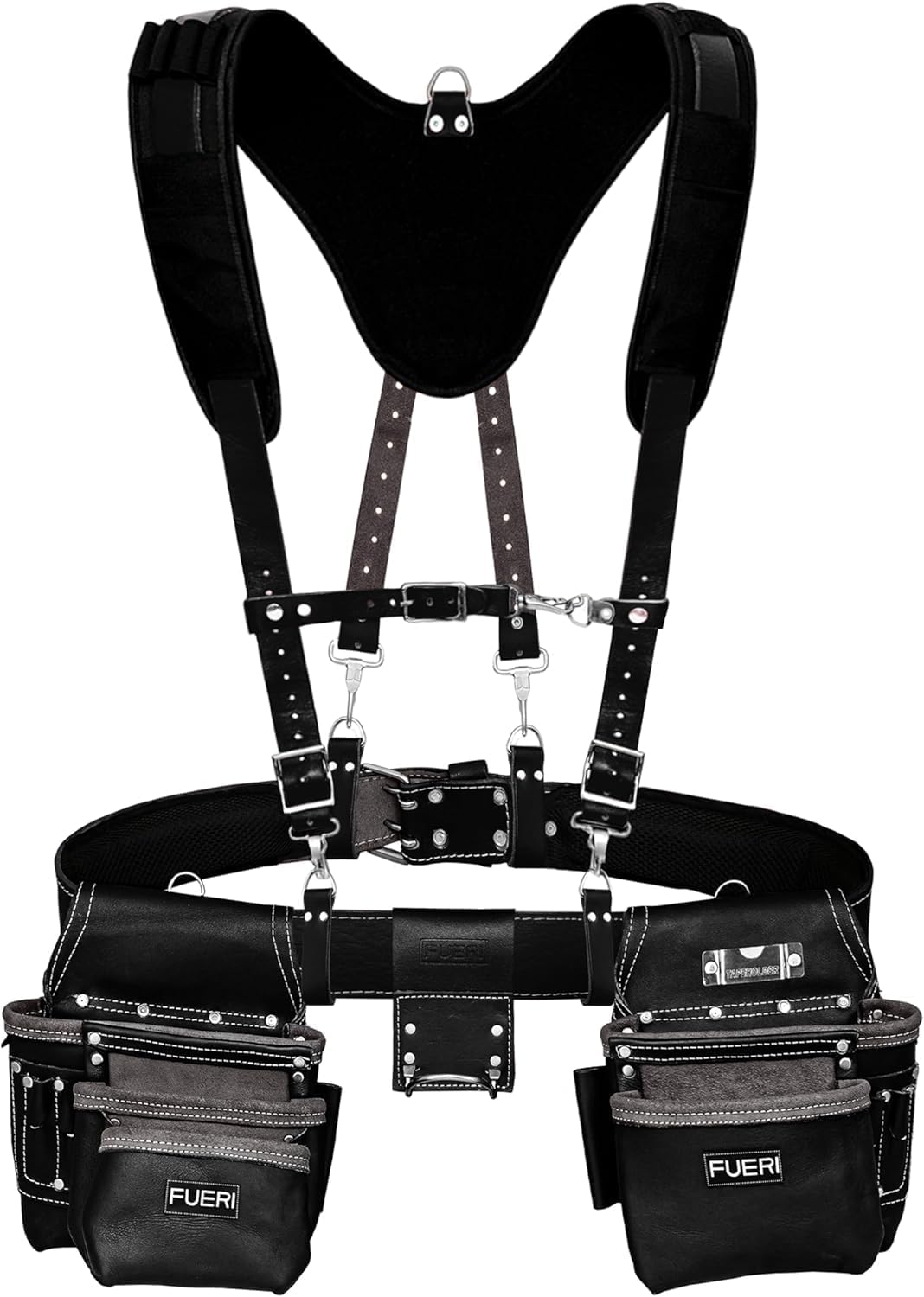 17 Pocket Full-Grain Leather Tool Belt with Padded Suspenders for Carpenters, Electricians & Framers